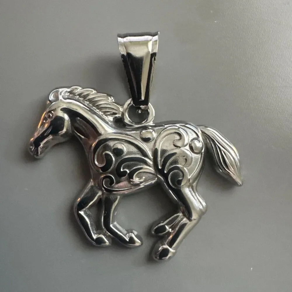 Horse Pony Silver Plated Stainless Steel Pendant 24 Inch Chain Men’s Racing Gift